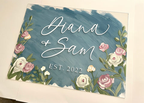 Hand painted Floral with 3D names sign | custom brushed wedding - Simple Southern Designs